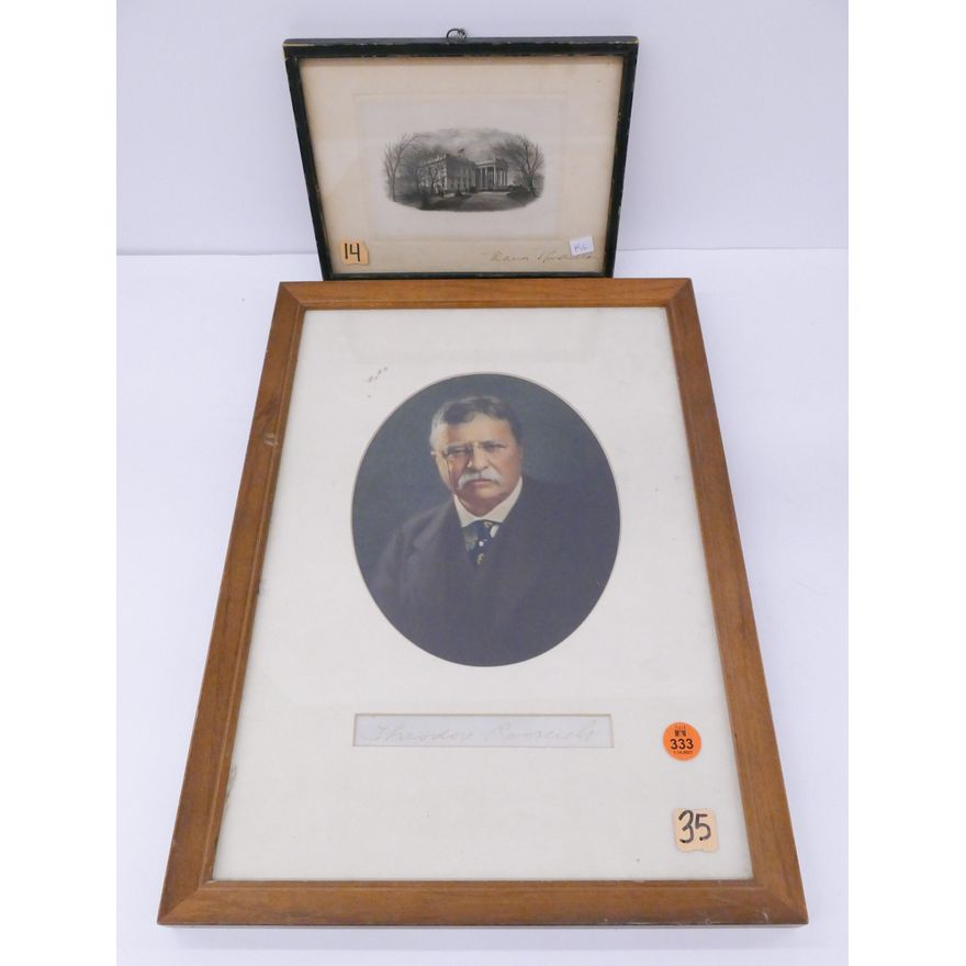 2pc Teddy Roosevelt Signed Portrait and White House Etching Framed- 16x11''