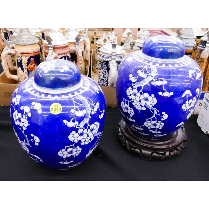 Pair Old Chinese Prunus Porcelain Ginger Jars- 9''- repair to lids