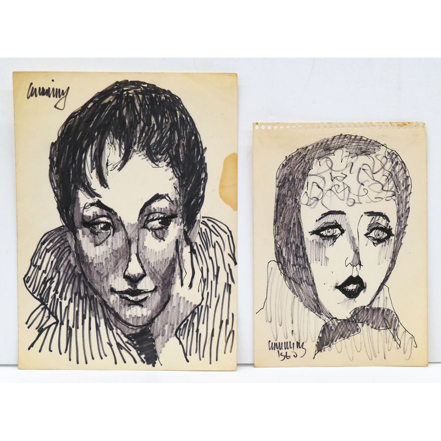 2pc William Cumming ''Female Portraits'' 1960 Ink on Paper