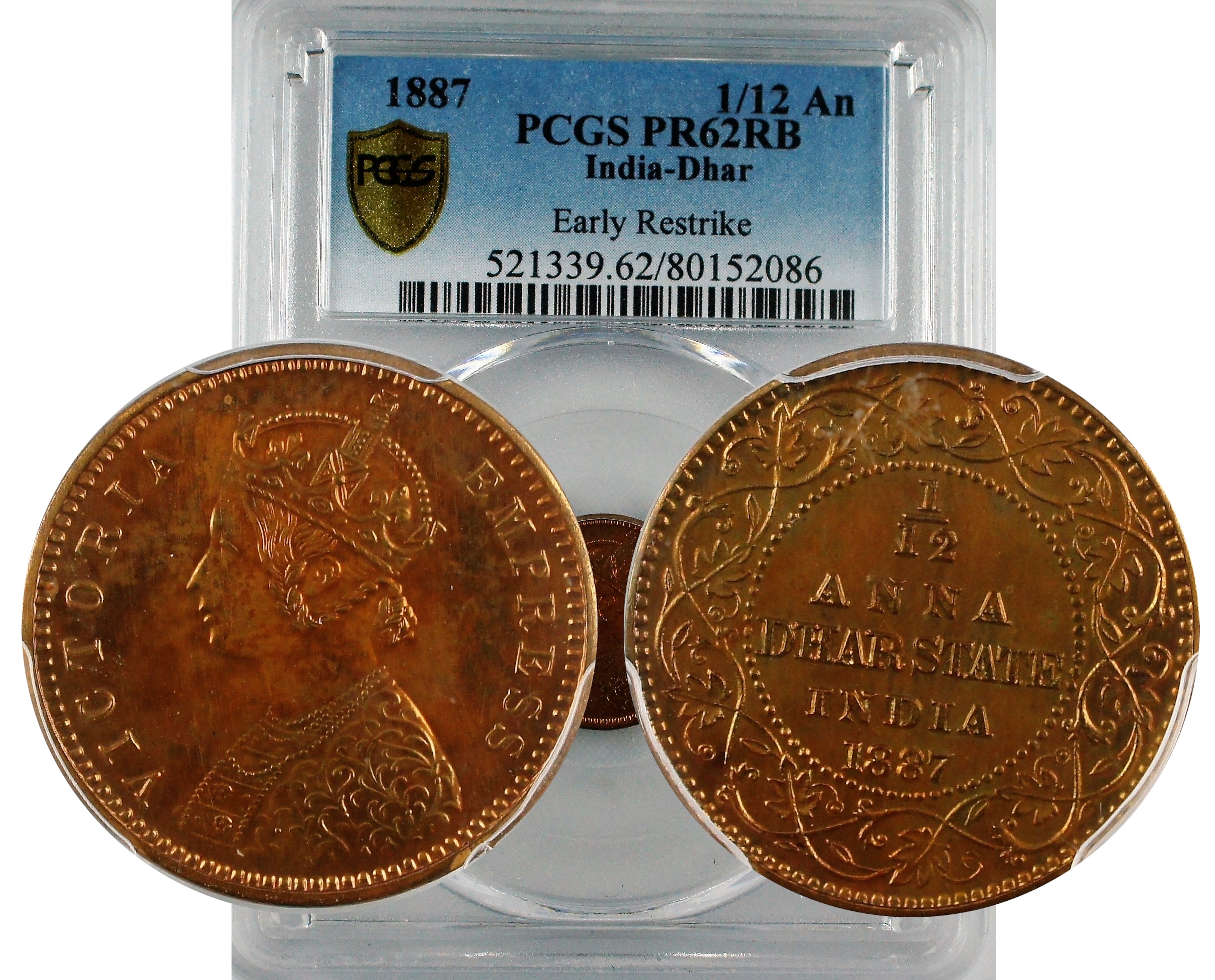 India 1887 Dhar State Early Restrike 1/12 Anna PCGS PF62 RB