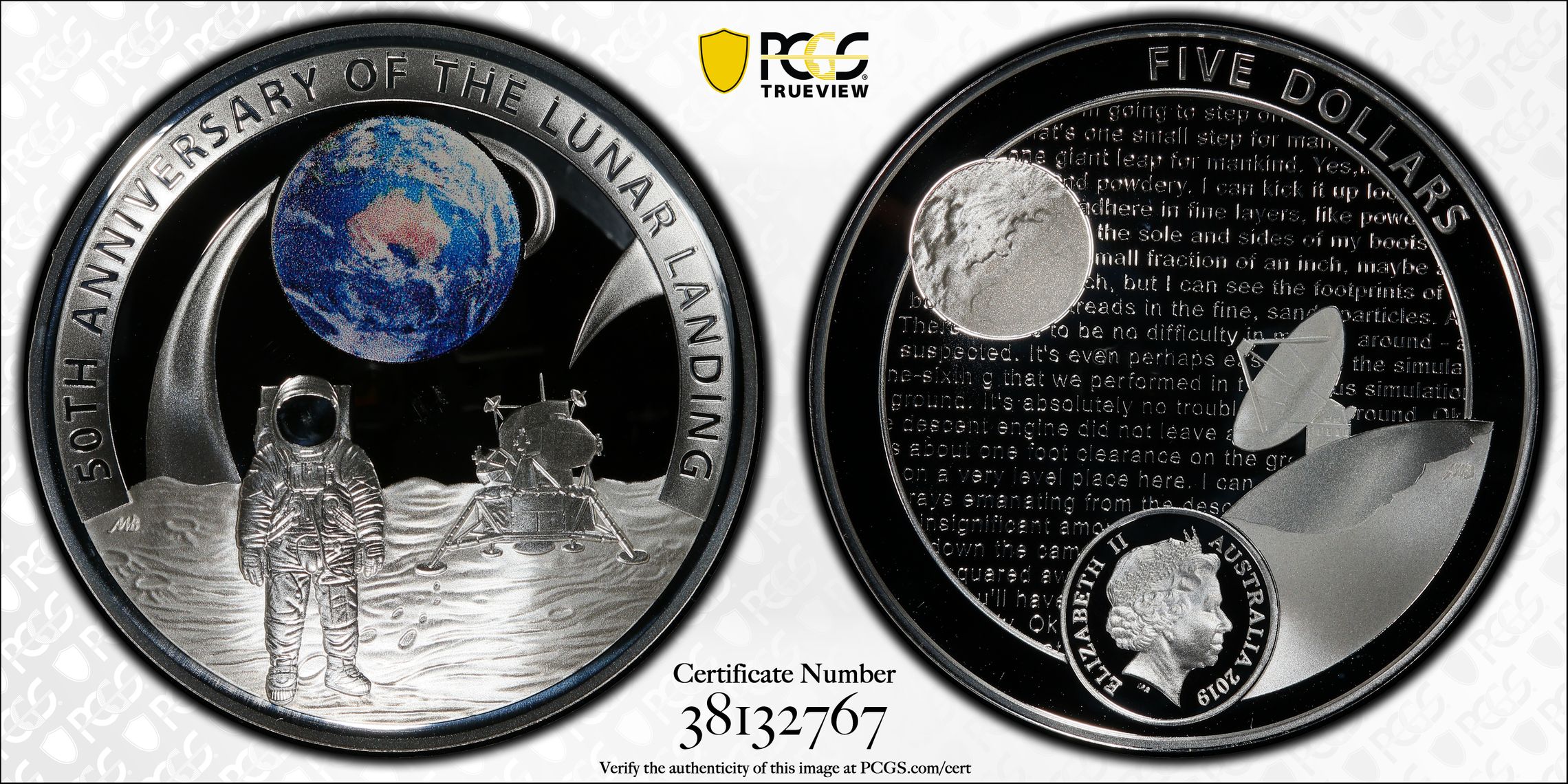 2019 Australia Five Dollar, $5 Silver Apollo 11 50th Ann. PCGS - PR69DCAM -767
