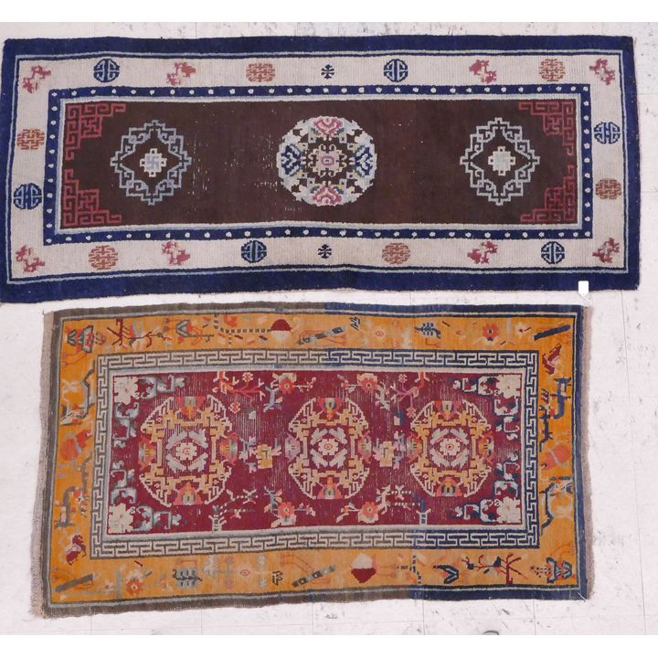 2pc Old Chinese Small Runner Rugs- Blue 2'7'' x 6'3'' & Orange 2'10'' x 5'1''