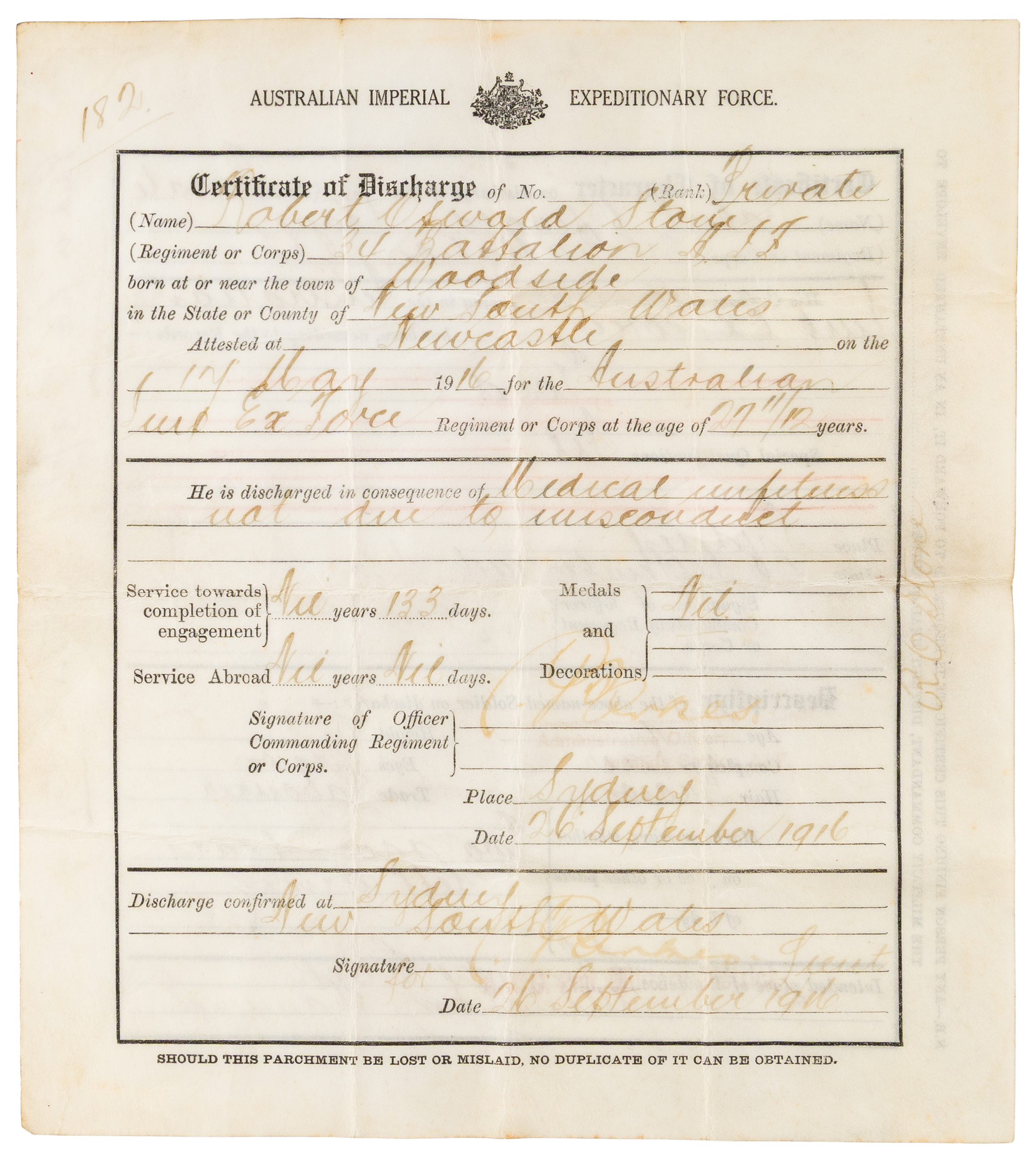 A.I.E.F Discharge Certificate, 1916, VF
