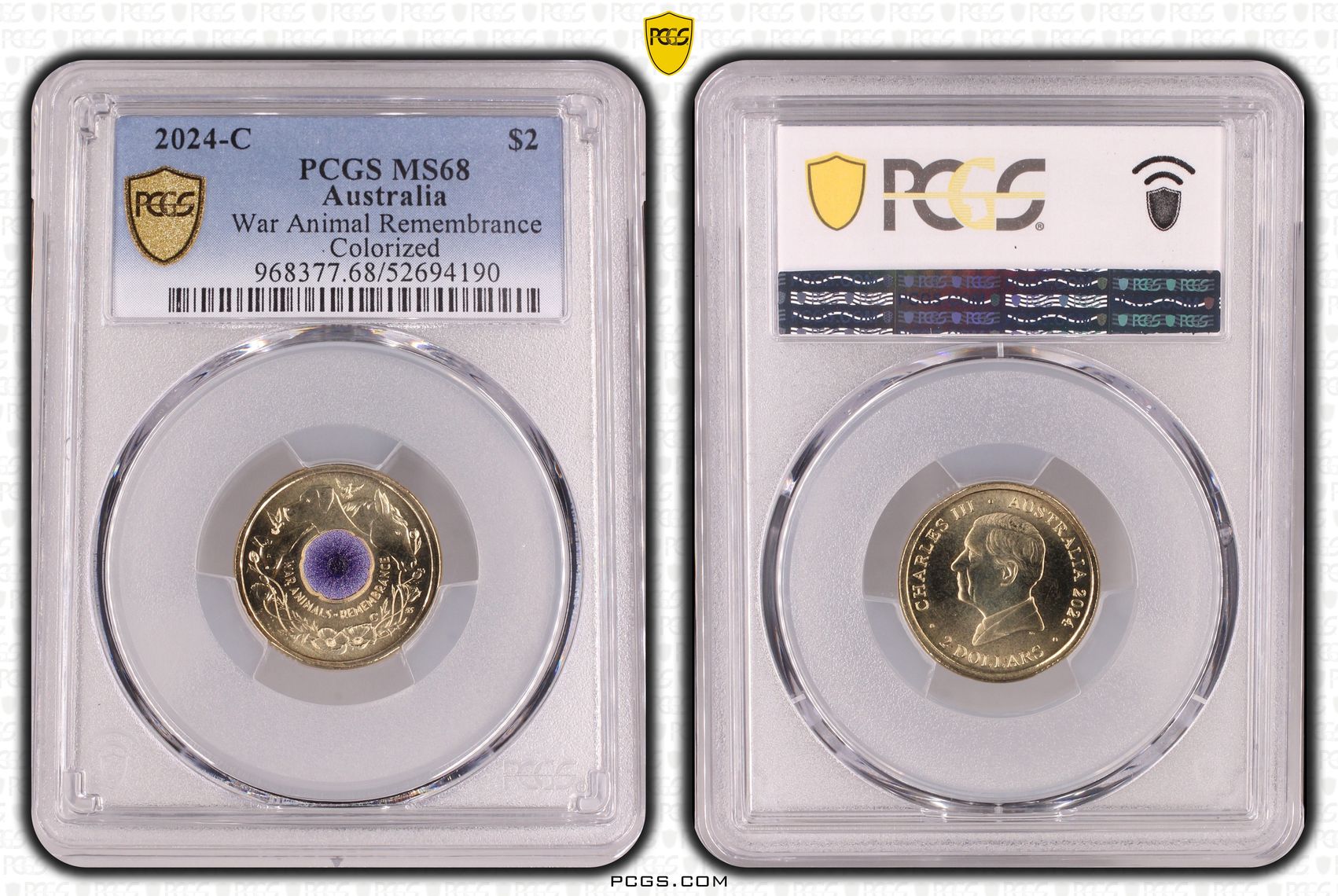 War Animal Remembrance Colourised, Two Dollar, 2024-C, PCGS MS68