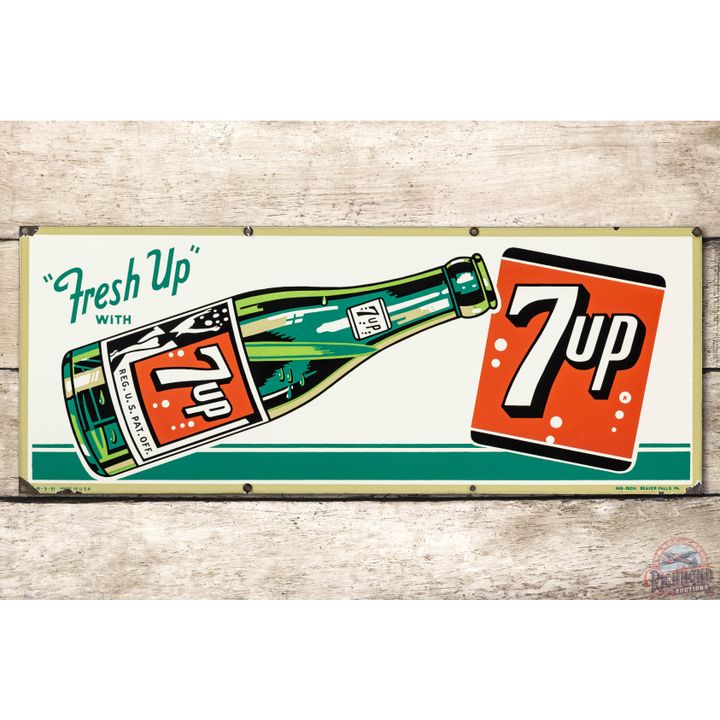 1951 Fresh Up w/ 7up & Bottle Porcelain Sign