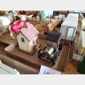 Vintage metal 1917 car radio and decorative bird house