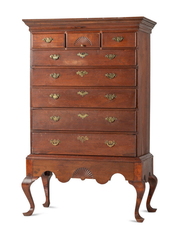 A Queen Anne Fan-Carved Cherrywood Flat-Top High Chest on Stand