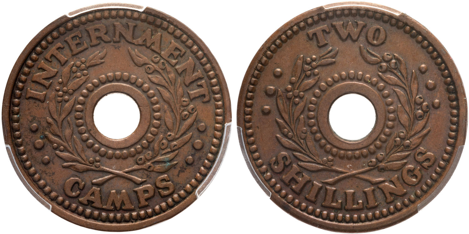 Hay Internment Camp, Two Shillings, WWII, PCGS MS63BN