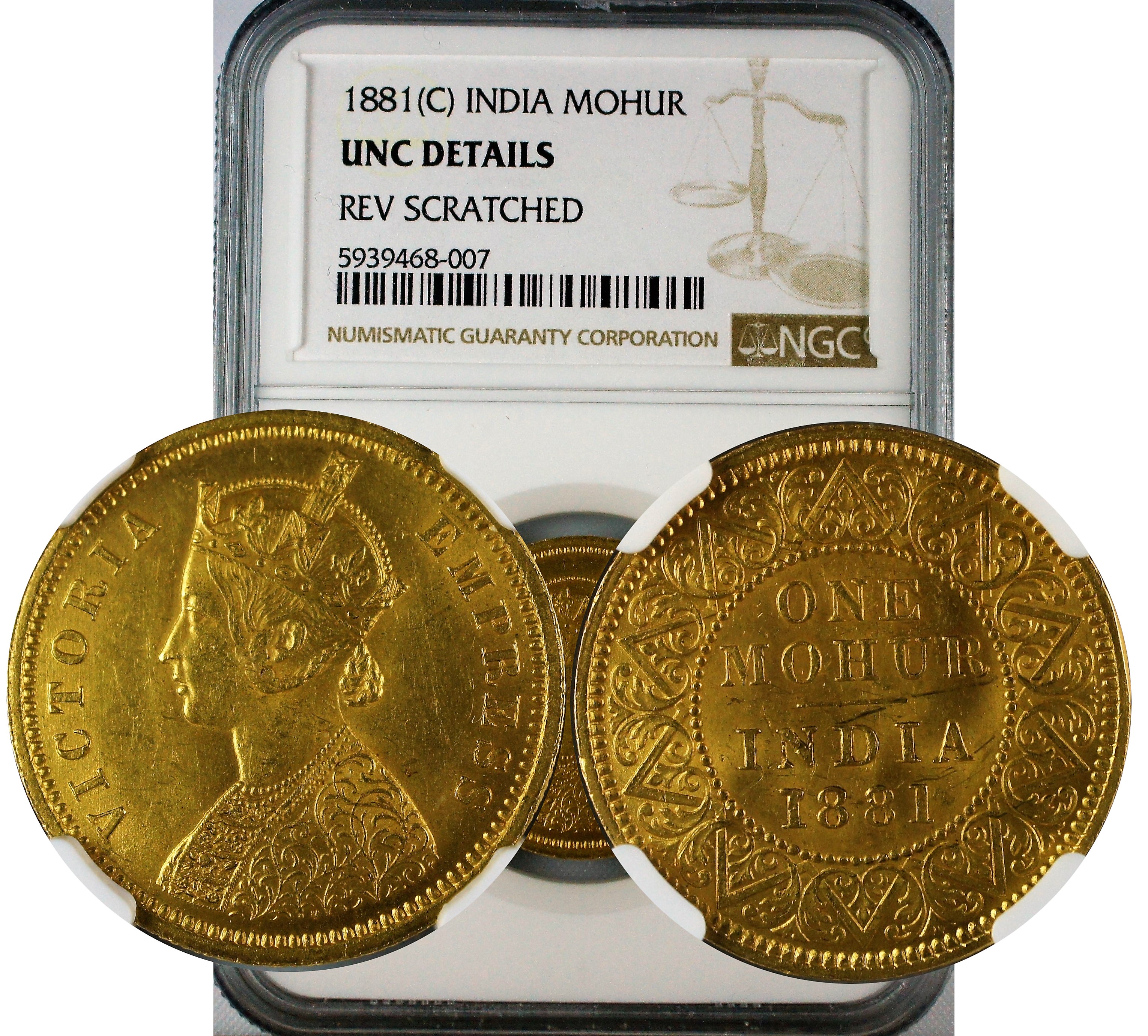 India 1881 C Gold Mohur NGC UNC Details
