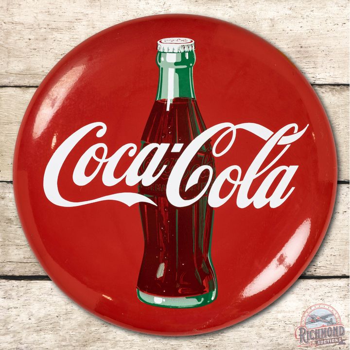 24" Coca Cola w/ Bottle Porcelain Button Sign