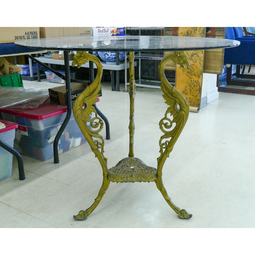 Antique Gilt Iron Griffin Glass Top Table 30'' x 35.5'' x 35.5''