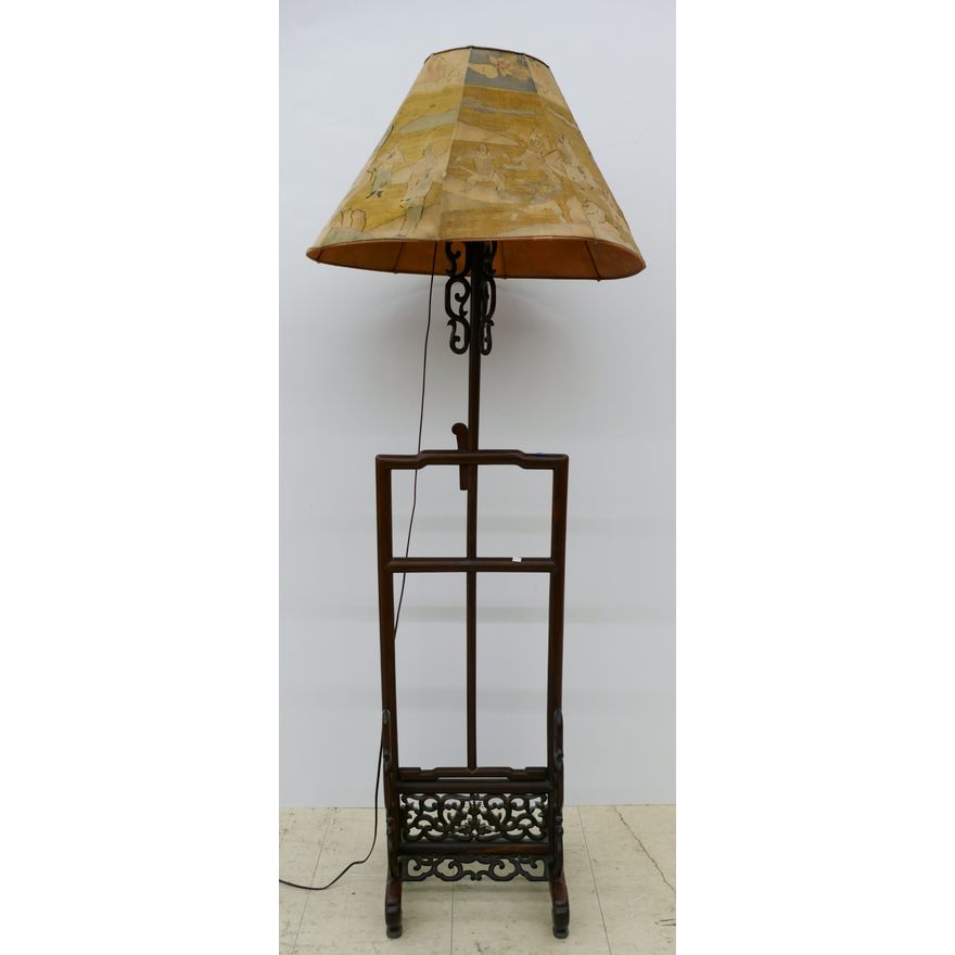 Antique Chinese Rosewood Floor Lamp with Kesi Silk Shade 55''x23''