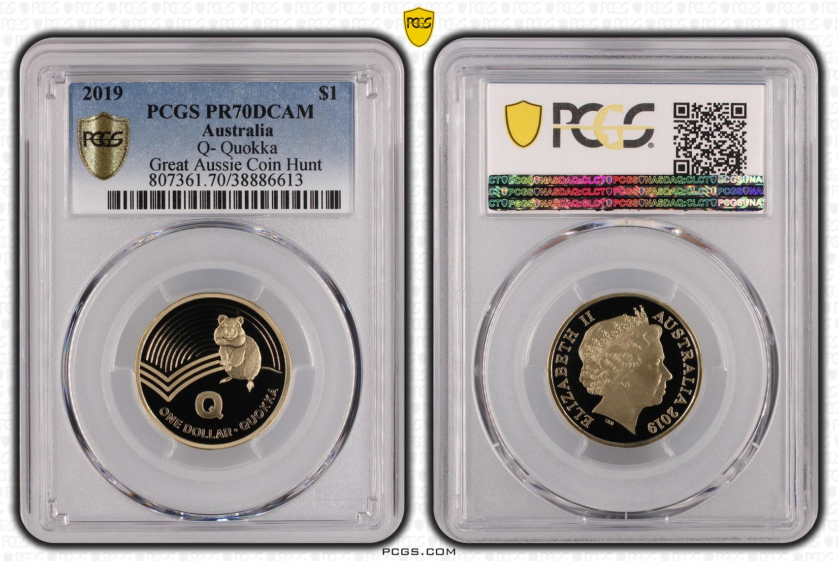 Q- Quokka Great Aussie Coin Hunt, POP 6/0, One Dollar, 2019, PCGS PR70DCAM
