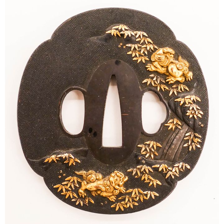 Fine Japanese Meiji Shakudo Foo Dog Tsuba 3''x2.75''