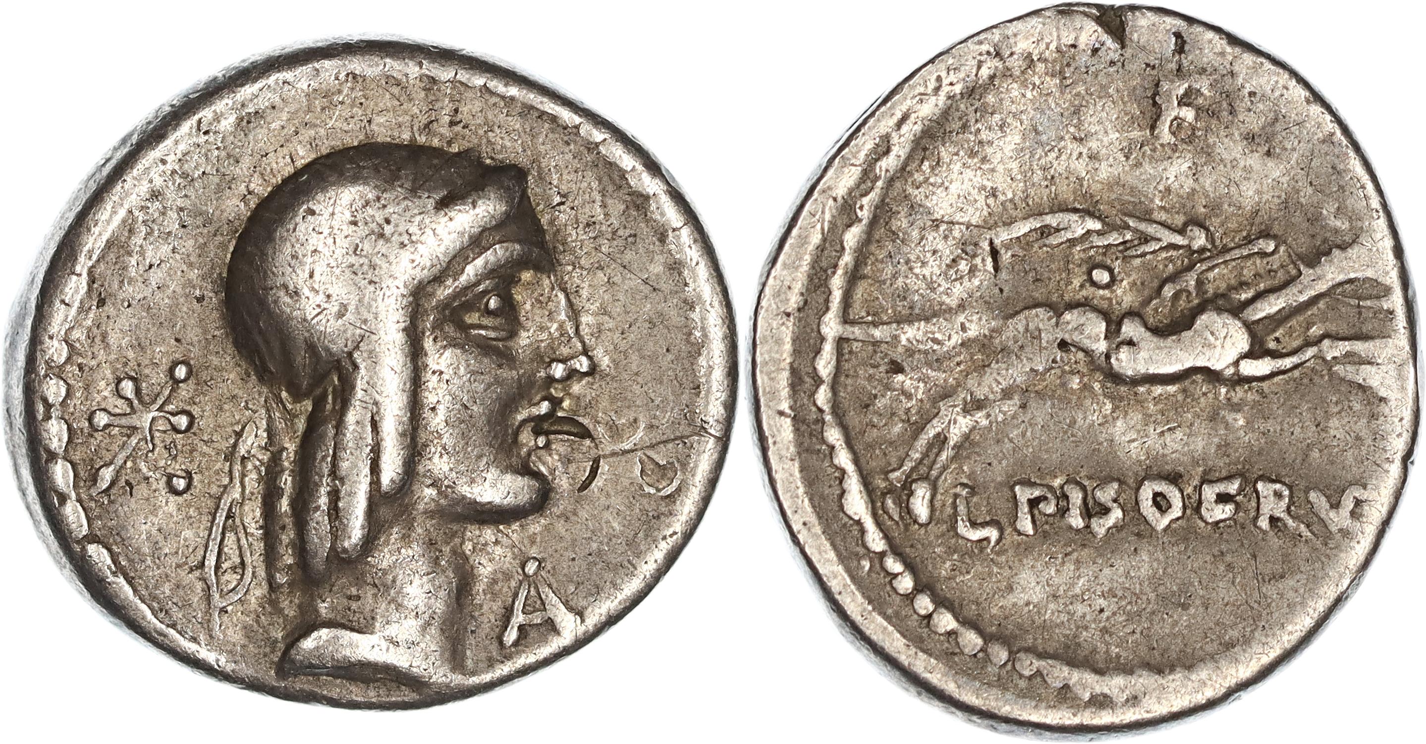 Roman Republic, L. Calpurnius L.f. L.n. Piso Frugi, Silver Denarius, 90 BC, nVF