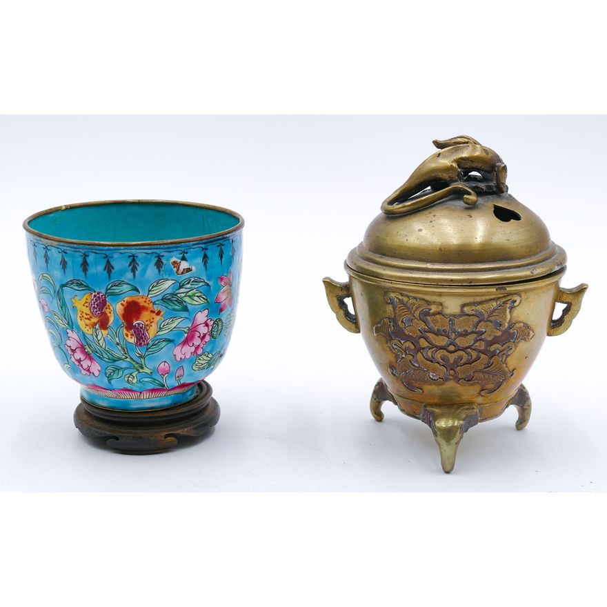 2pc Old Asian Brass Censer and Peking Enamel Cup
