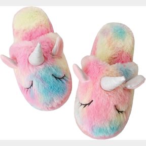 WAFUNNE KIDS SLIPPERS WITH RUBBER SOLE UNICORN FURRY PLUSH FOR BOYS GIRLS WINTER (34-35)