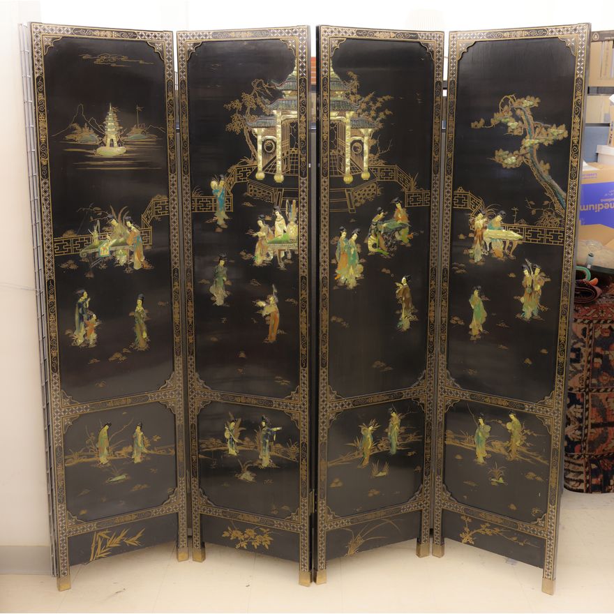 VIntage Chinese 4-Panel Applique Lacquered Screen 72''x72''