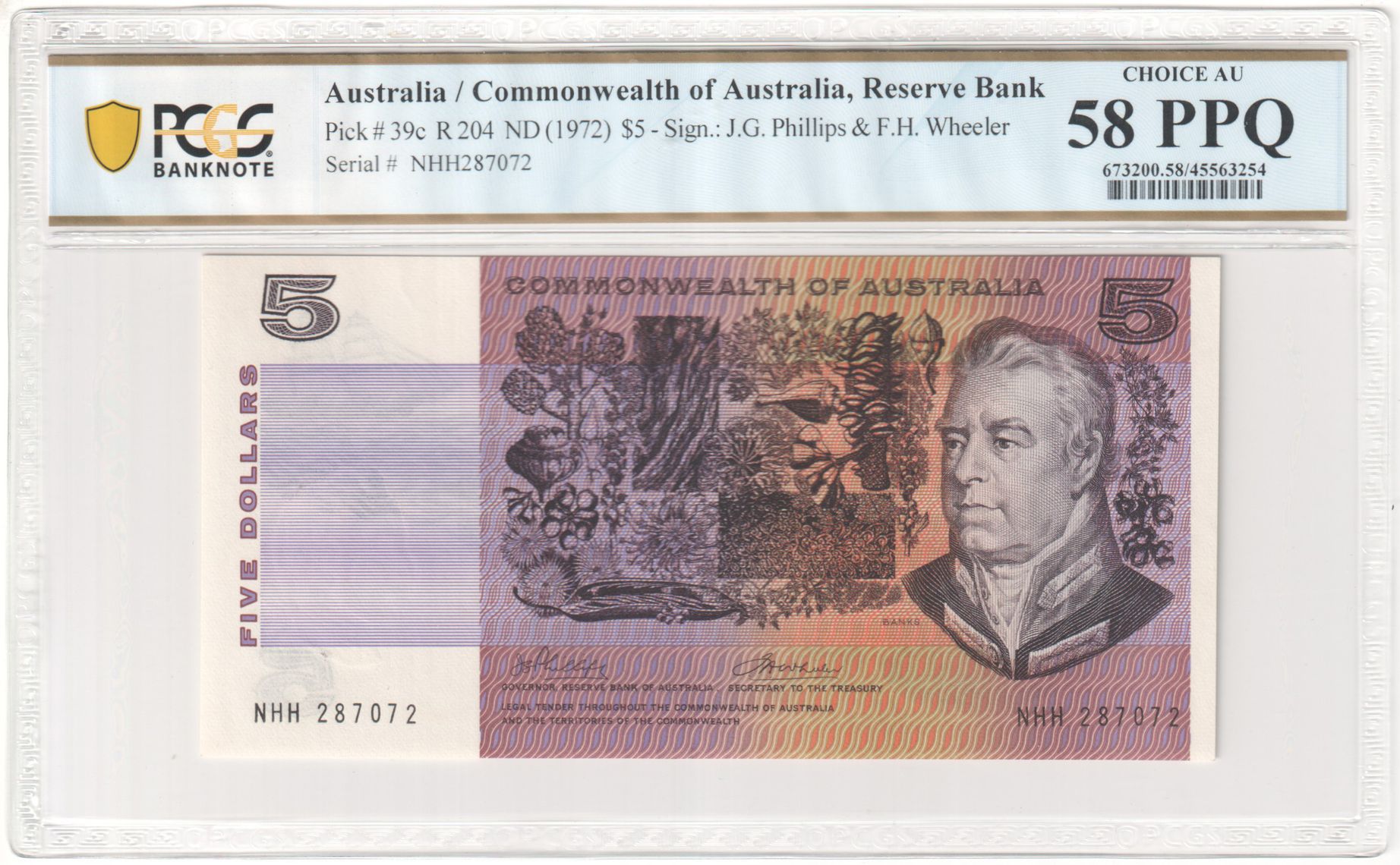 94 · R. 204, Commonwealth of Australia, Reserve Bank, Sign.: J.G. Phillips & F.H. Wheeler, Five Dollar, ND (1972), PCGS - Choice AU 58 PPQ
