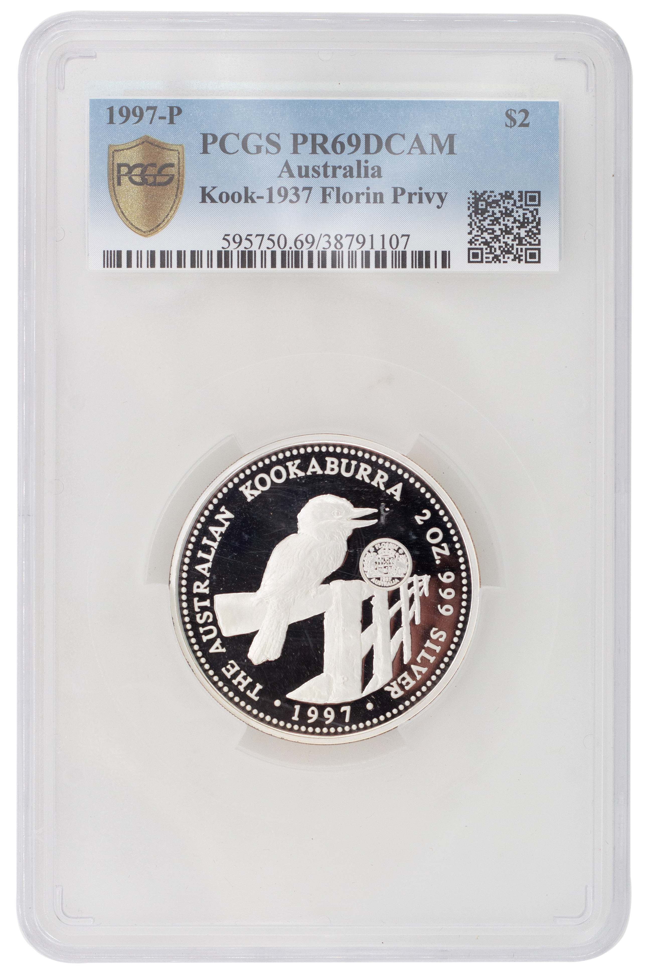 Elizabeth II, 2oz Kookaburra, Two Dollars, 1997-P, PCGS PR 69DCAM