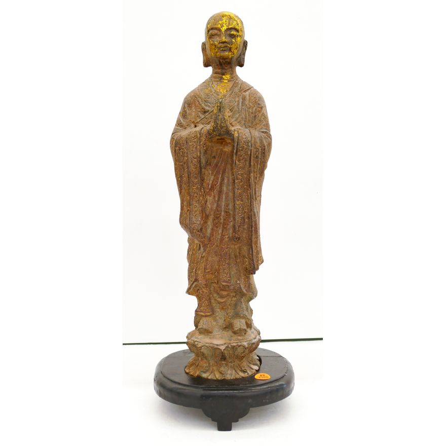Old Chinese Standing Bronze Monk Figure on Stand 20''