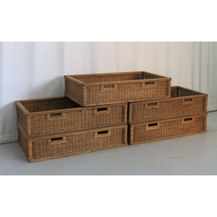 SET OF 5 RATTAN TWO-HANDLED BASKETS