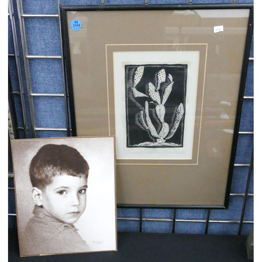 2pc Virna Haffer Linocut and Photo Framed 17''x13''