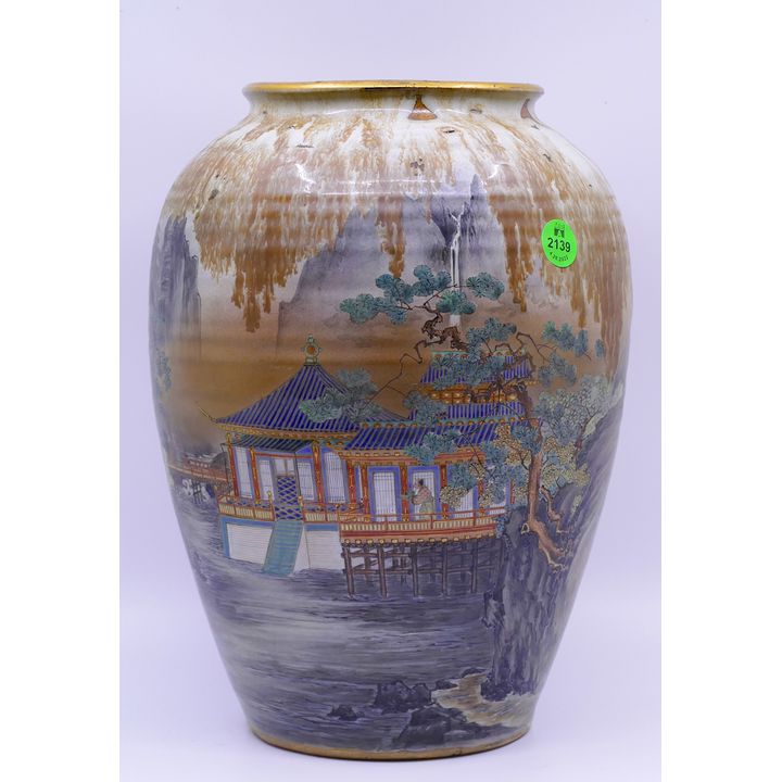 Fine Japanese Decorated Kutani Pottery Vase w/ Temple Scene- 11''