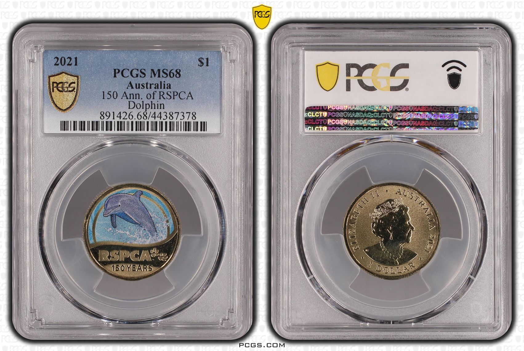 2021 Australia One Dollar, $1 150 Ann. of RSPCA Dolphin PCGS - MS68 POP 13/0 -378