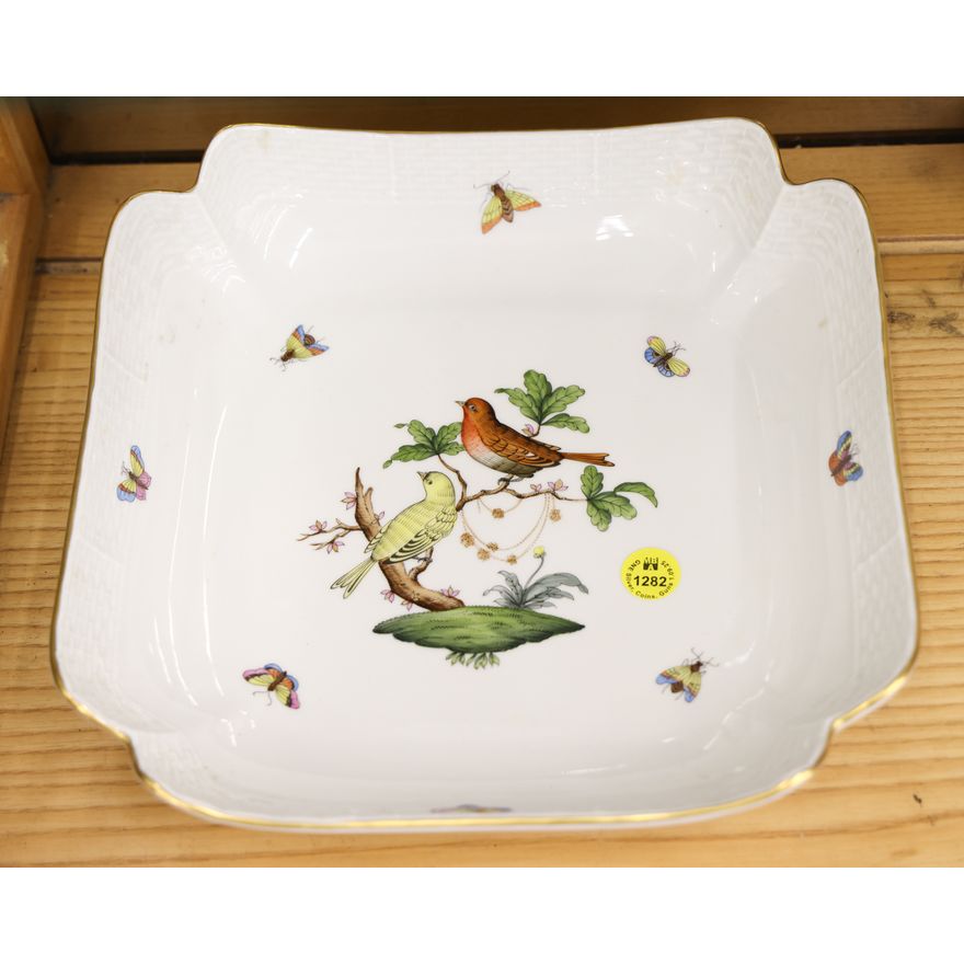 Herend Rothschild Porcelain Bird Square Bowl 10''
