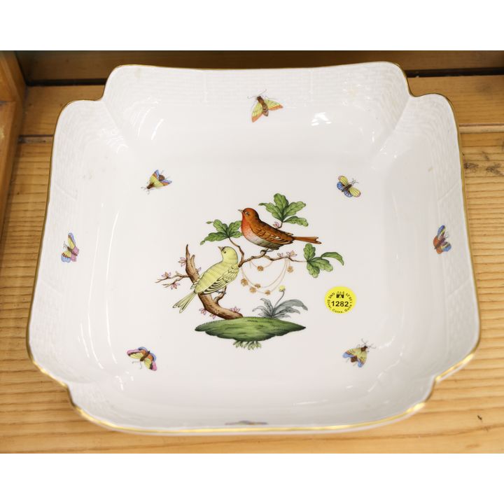 Herend Rothschild Porcelain Bird Square Bowl 10''