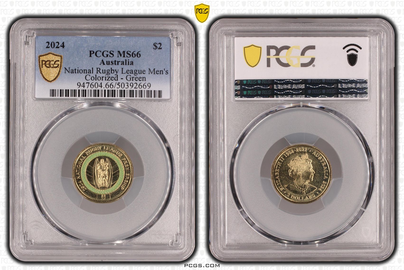 Elizabeth II, National Rugby League Men's Colorized - Green , Two Dollar, 2024, PCGS MS66
