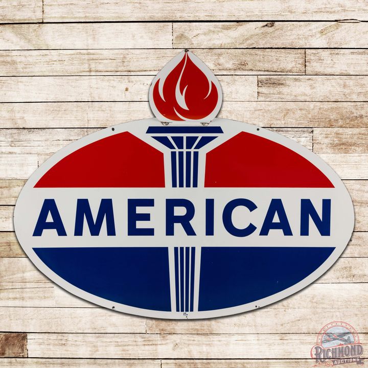 Outstanding American Gasoline 6' Double Sided Porcelain ID Sign w/ Flame
