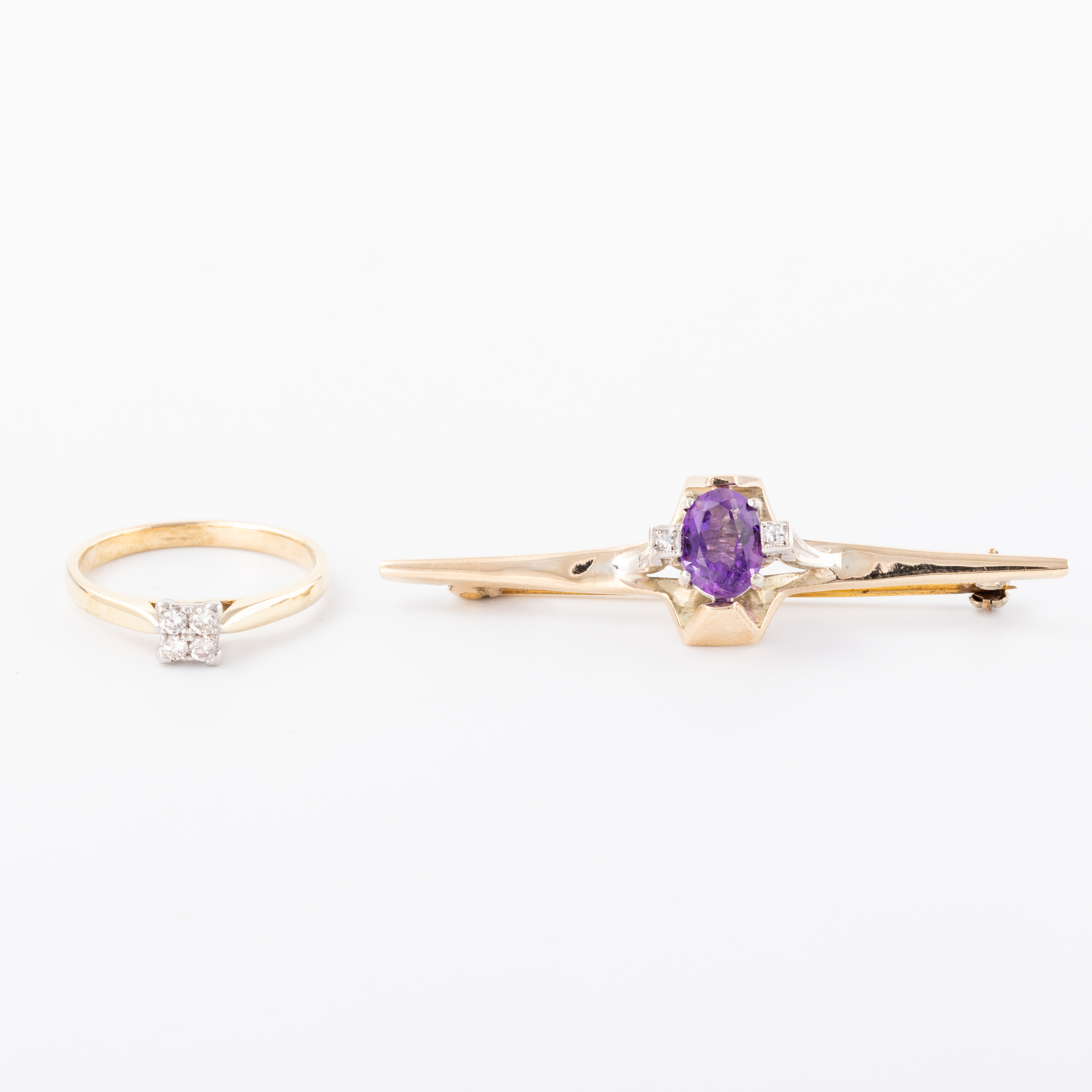 Amethyst Diamond Brooch & Diamond Ring 9ct Gold