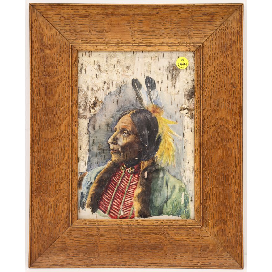 Antique Indian Portrait Oil on Birchbark