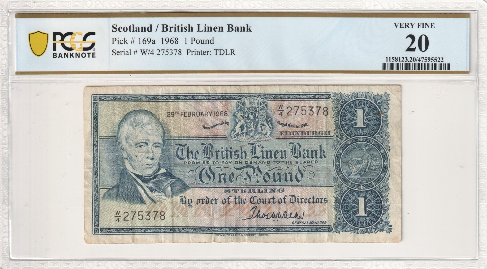 Scotland, British Linen Bank,, One Pound, 1968, PCGS Very Fine 20