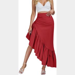 UMENLELE WOMEN'S RUCHED RUFFLE HIGH LOW ASYMMETRICAL HEM HIGH WAIST MIDI SKIRT -S