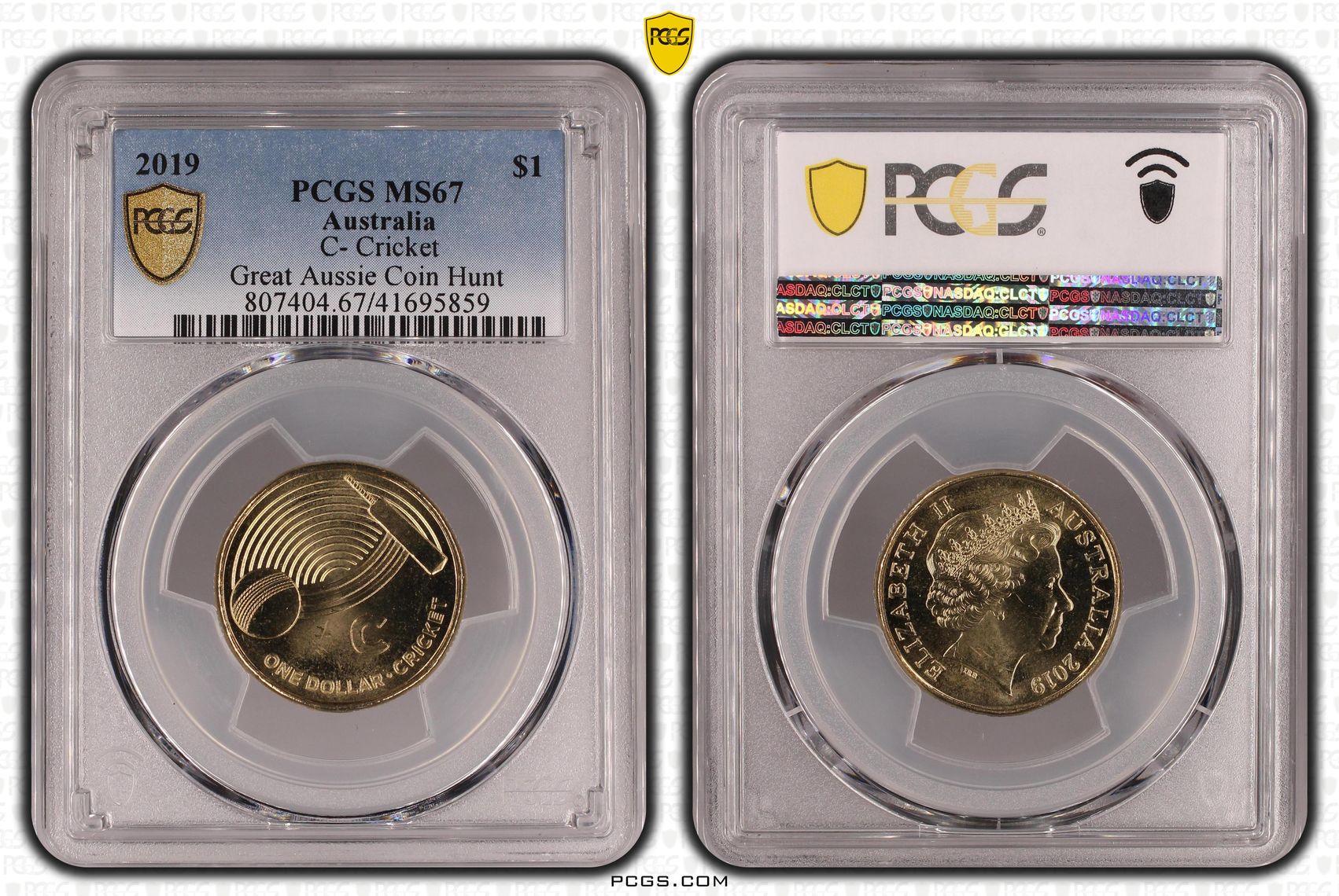 C- Cricket Great Aussie Coin Hunt, One Dollar, 2019, PCGS MS67