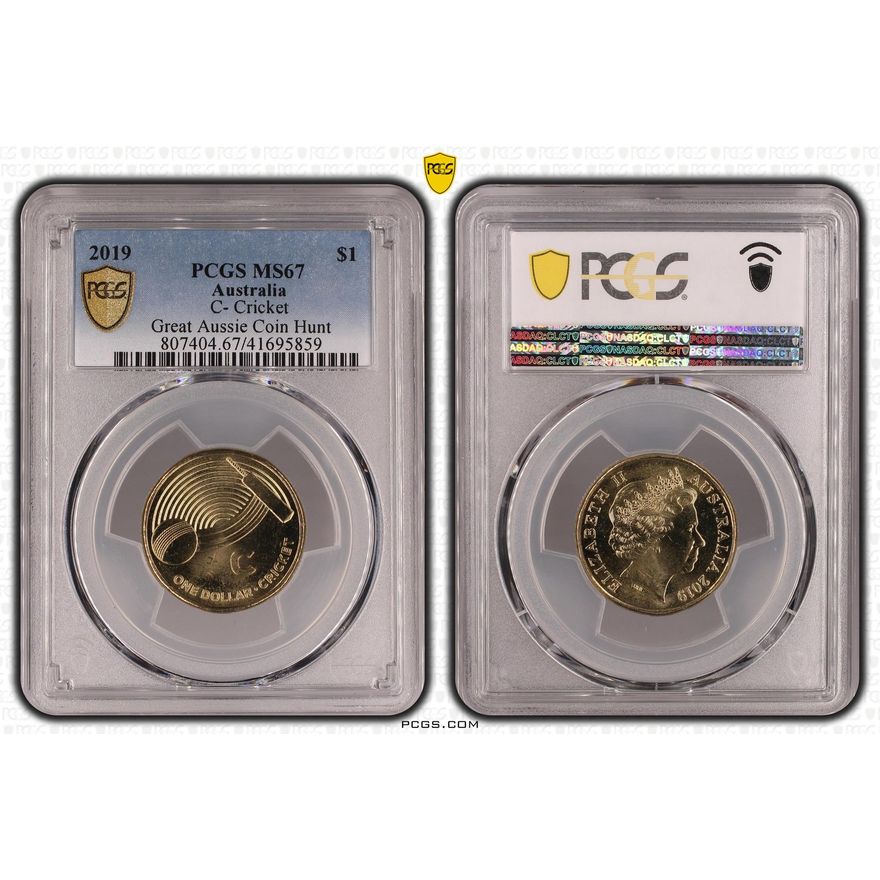 C- Cricket Great Aussie Coin Hunt, One Dollar, 2019, PCGS MS67