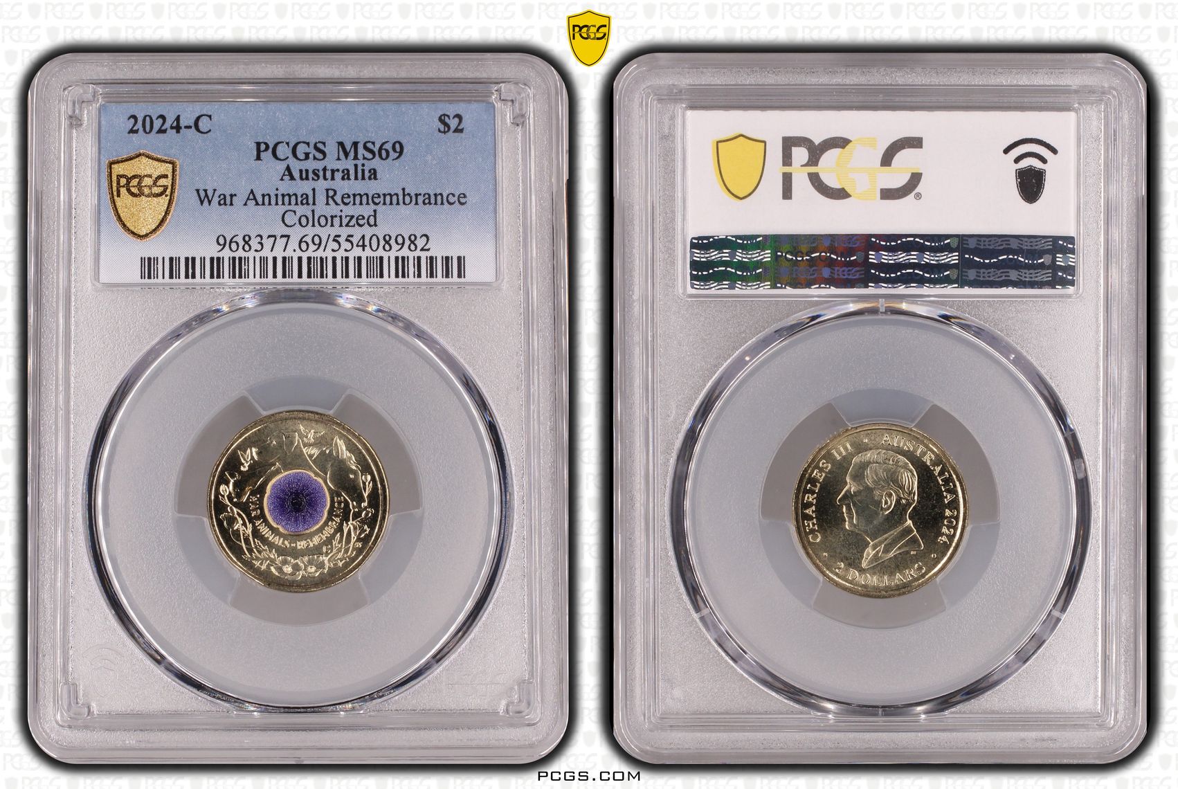War Animal Remembrance Colourised, Two Dollar, 2024-C, PCGS MS69