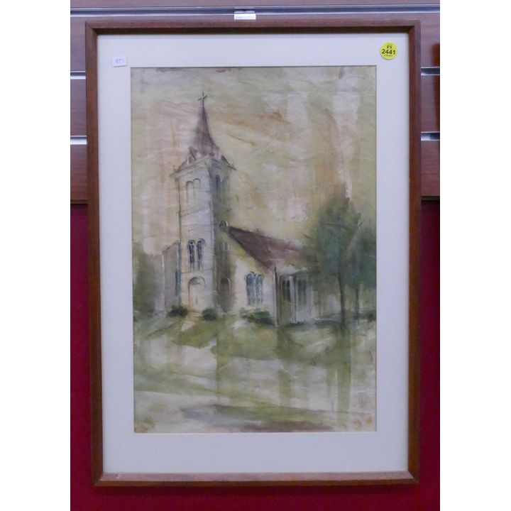 M. Beverly Bunn Midcentury Church Watercolor Framed- 21x15''