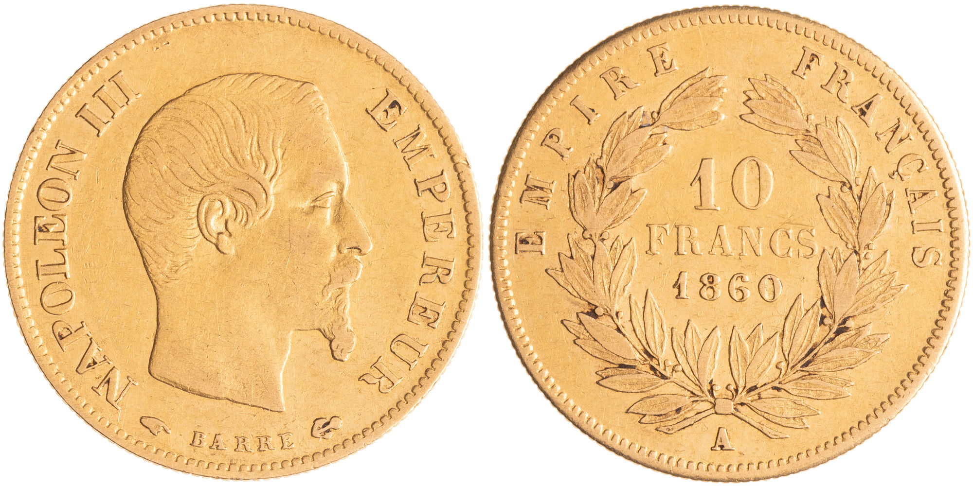 France, Napoleon III, Ten Francs, 1860, gF