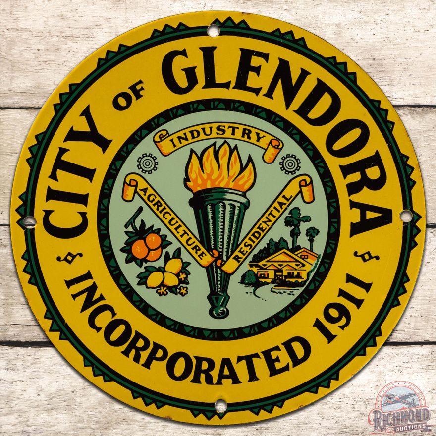 City of Glendora California SS Porcelain Truck Door Sign w/ Torch