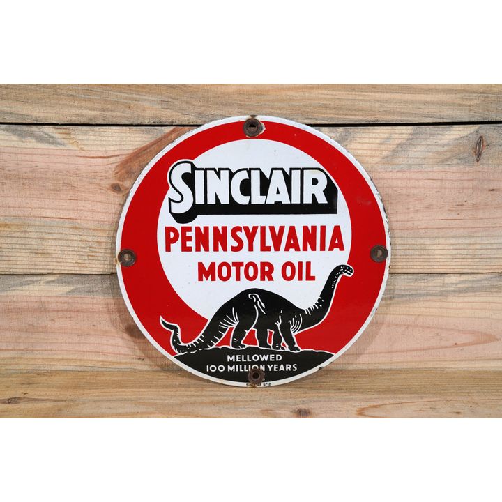 11" Sinclair Pennsylvania Motor Oil w/ Black Dino Single Sided Porcelain Sign TAC 9