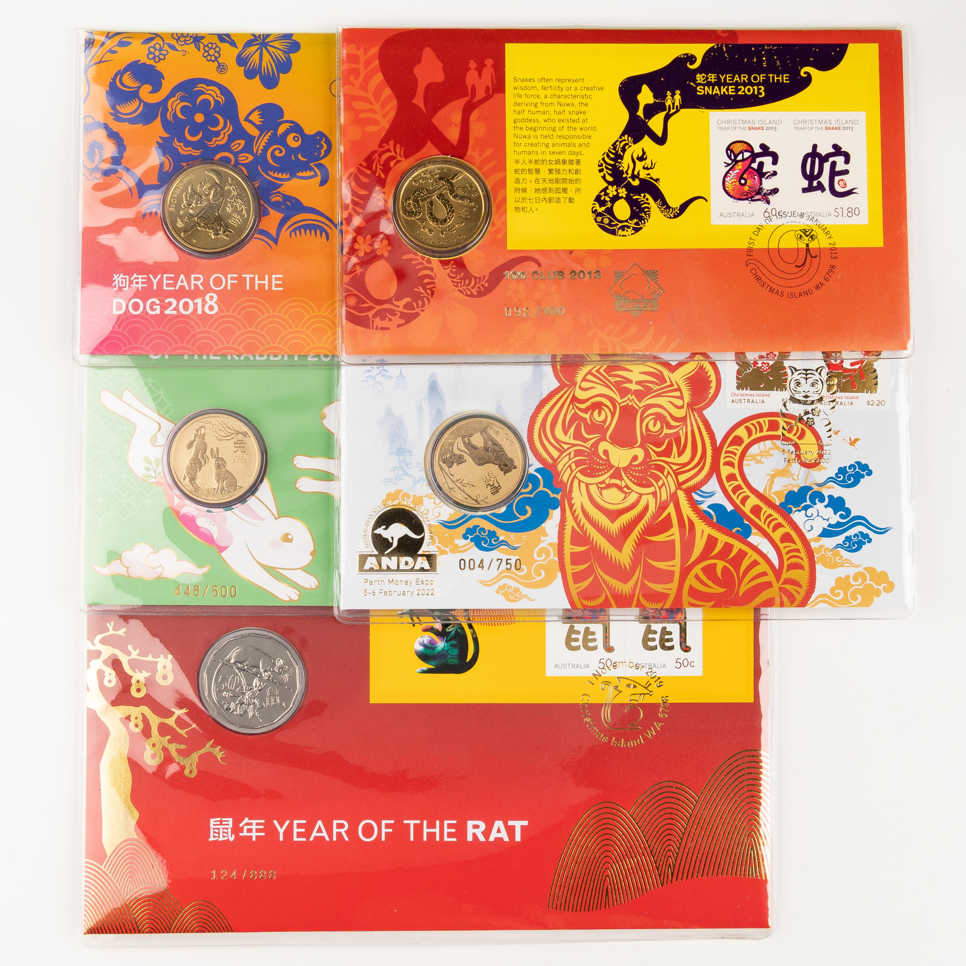 158 · Elizabeth II, Lunar New Year - Overprints, Fifty Cents - One Dollar, 2013 - 2023,  UNC