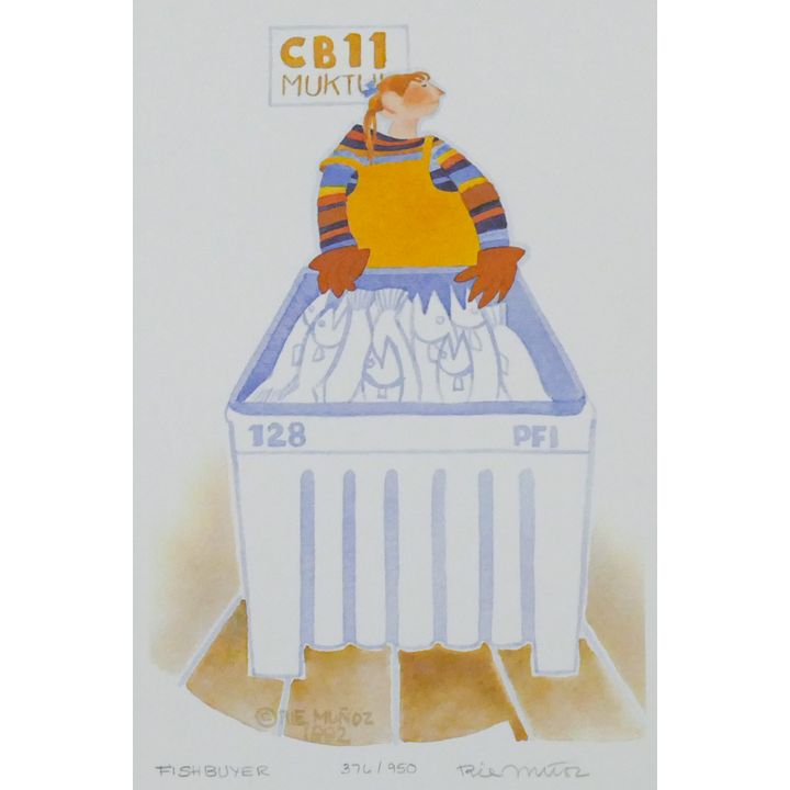 Rie Munoz "Fishbuyer" 1992 Signed Print 12.5" x 8.75" Sheet.