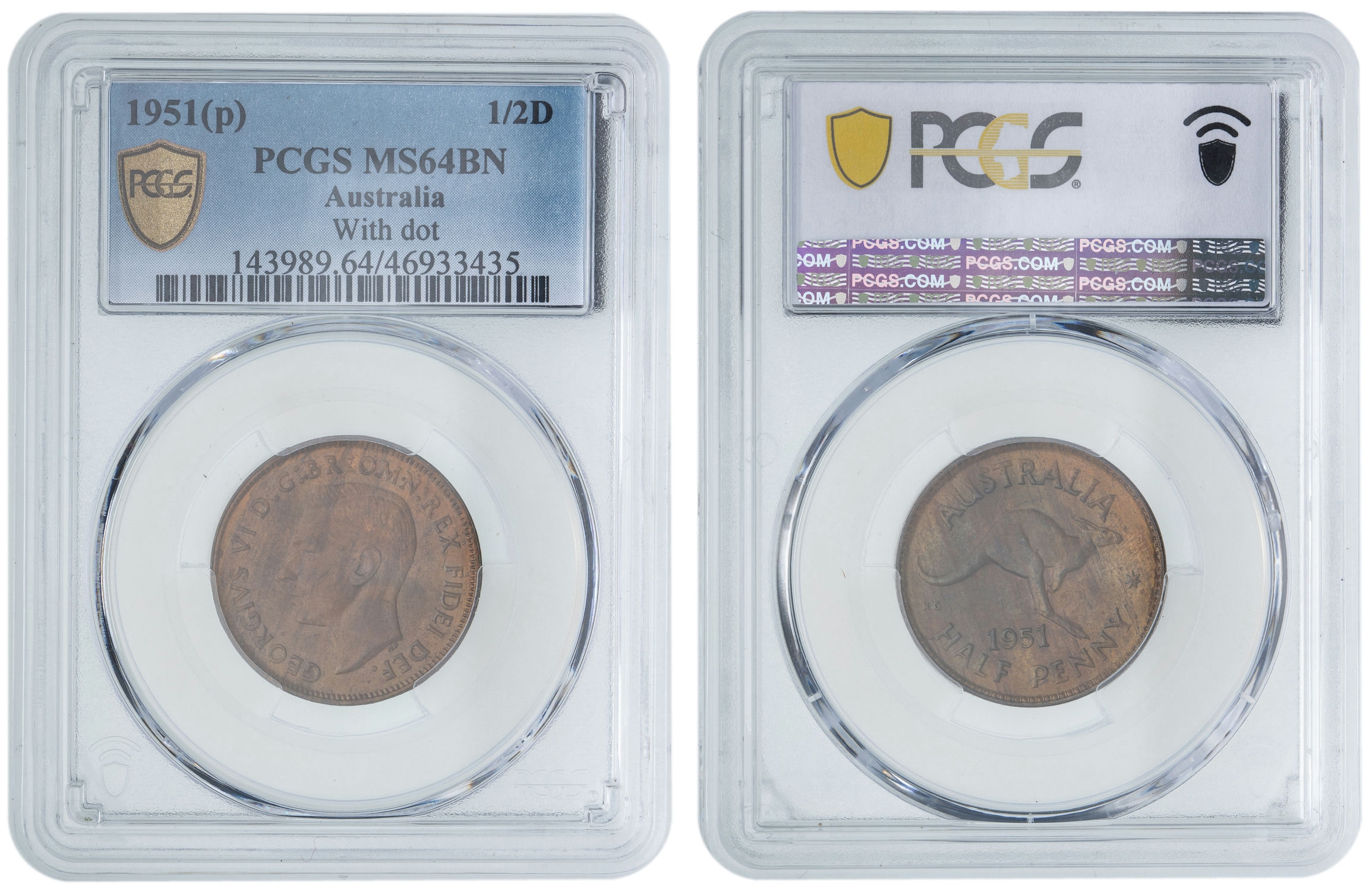 George VI, Halfpenny, 1951 Y., PCGS MS64BN