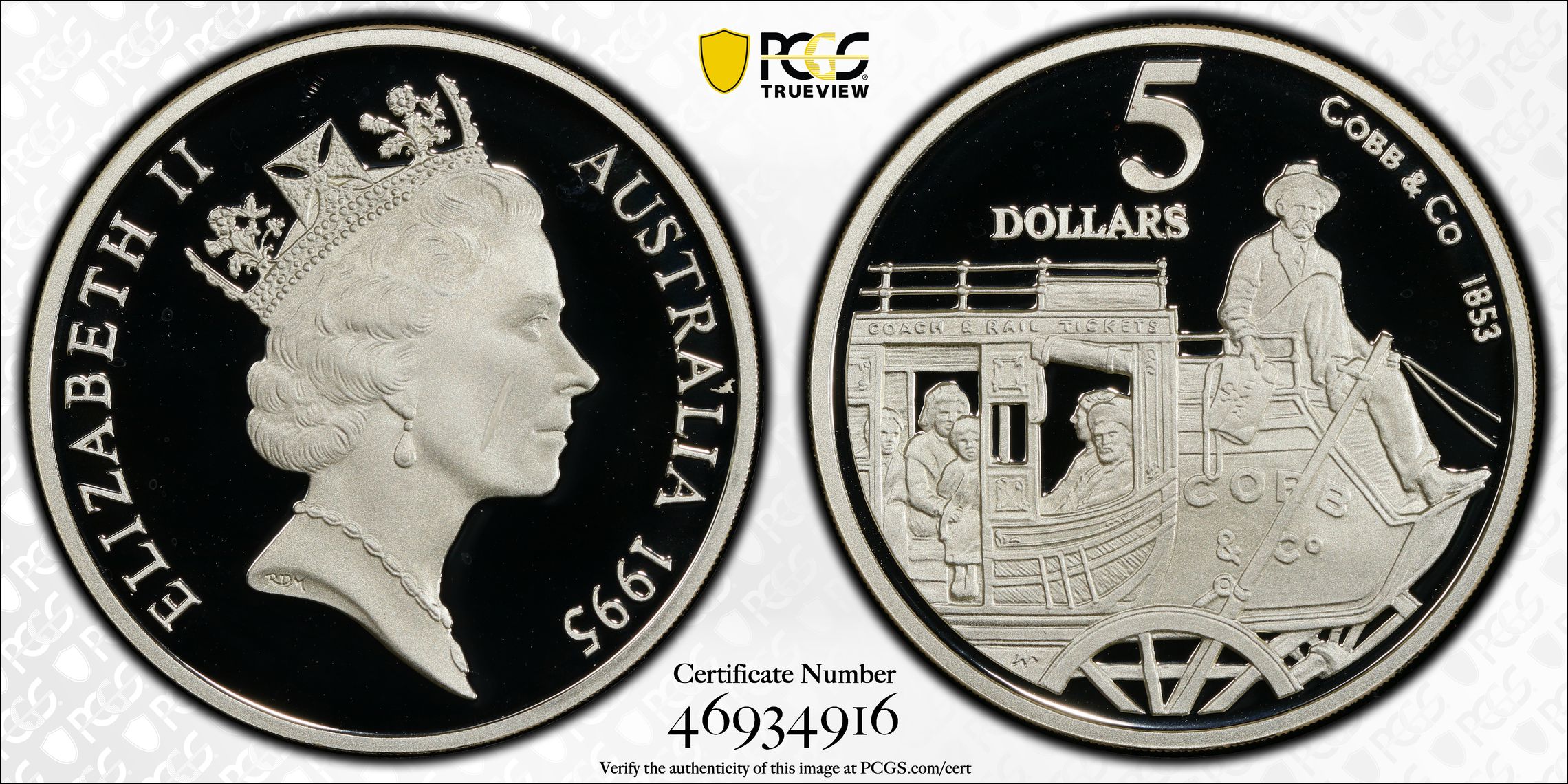 Cobb & Co. 1853 Colonial Australia, Five Dollar, 1995, PCGS PR69DCAM