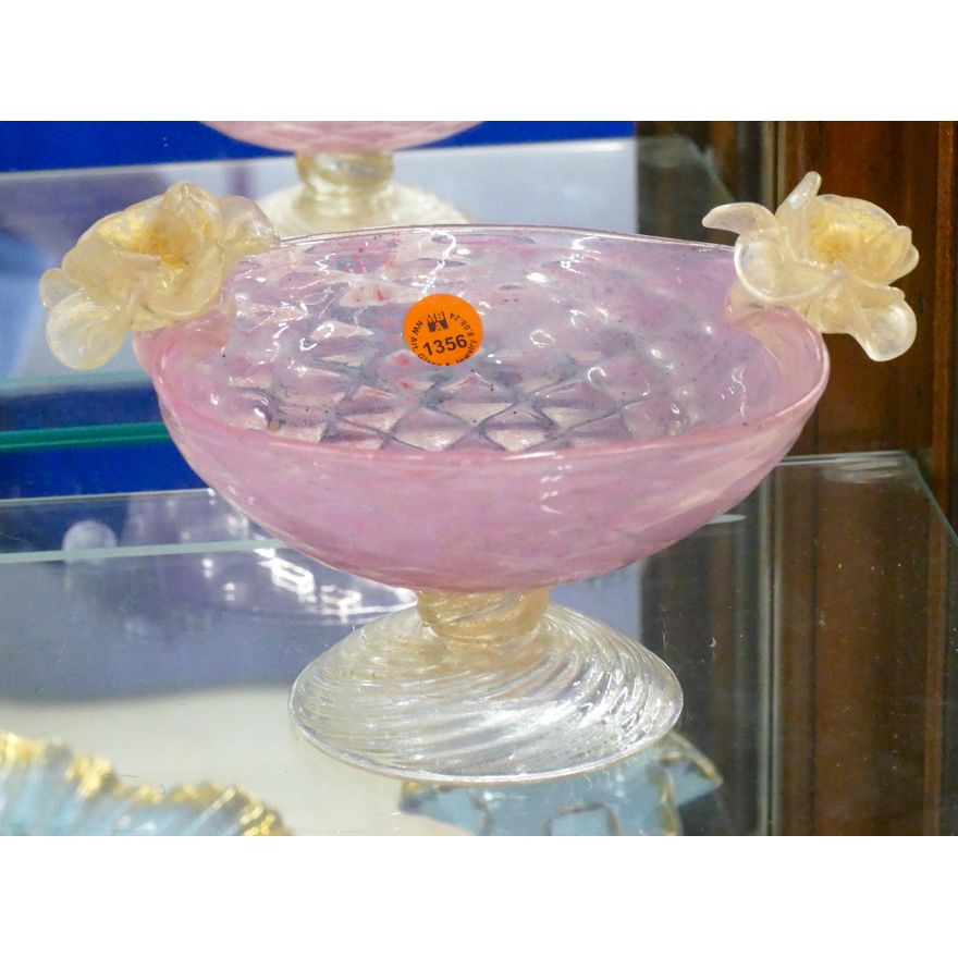 Venetian Glass Pink Floral Compote 7.5''