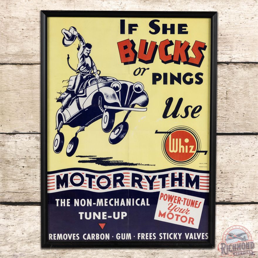 Group of 2 Whiz Advertising Poster Signs Framed "If She Bucks and Pings" & Motor Rythm